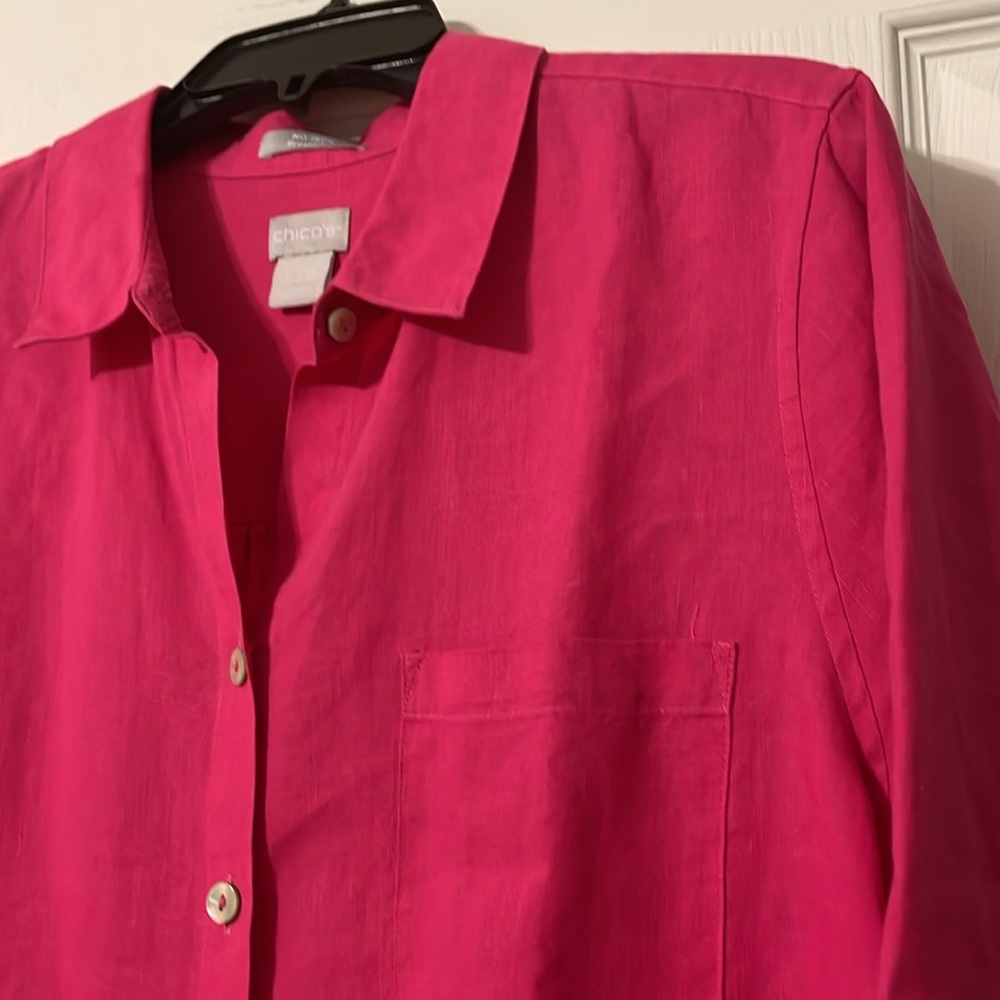 Chico's Hot Pink 3/4 Sleeve Linen Notched Collar Button Down Shirt, NWOT